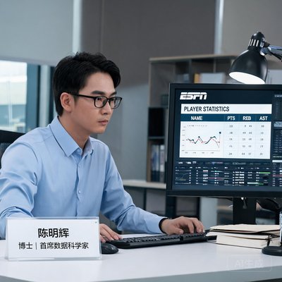 陈明辉博士，团队首席数据科学家，戴着眼镜在电脑前分析ESPN数据