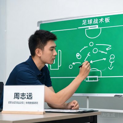 周志远，前职业足球运动员，现任体育数据顾问，正在战术板上画图